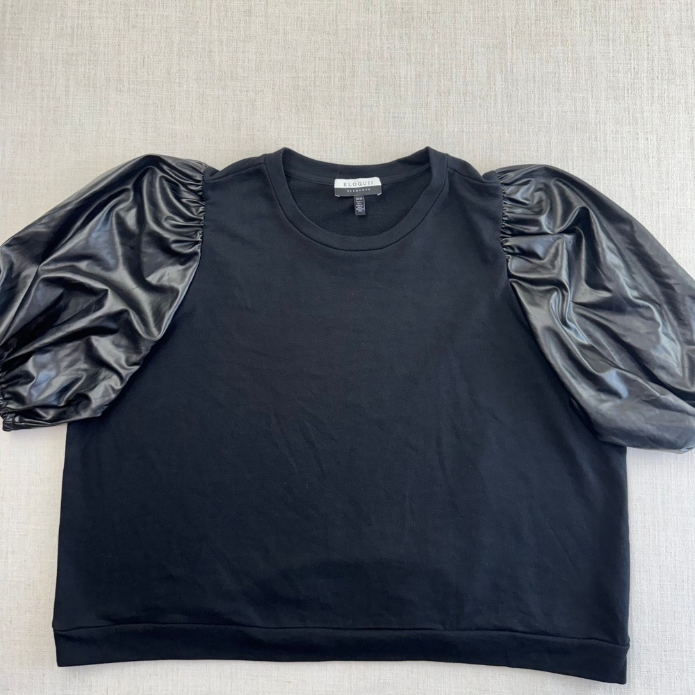 Eloquii Elements Black‎ Faux Leather Puff Sleeve Sweatshirt Plus Size 26/28